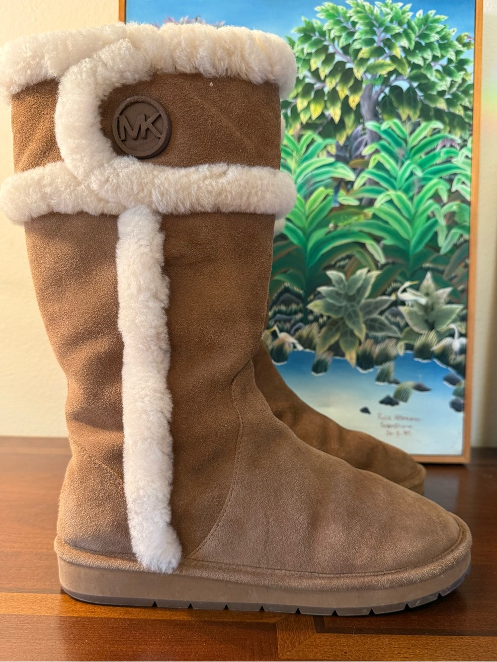 NWOT Michael Kors Winter Tail Tall Suede Shearling Boots Walnut Brown - Size 8M